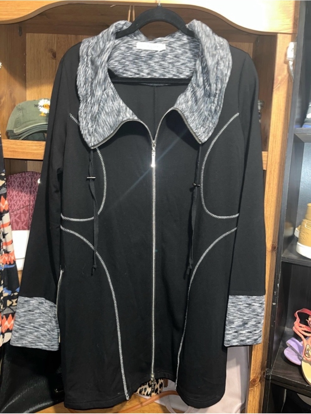 Dzhavael Couture. Black athletic long Zip Jacket with Marled Gray Collar & Cuffs - Picture 5 of 5